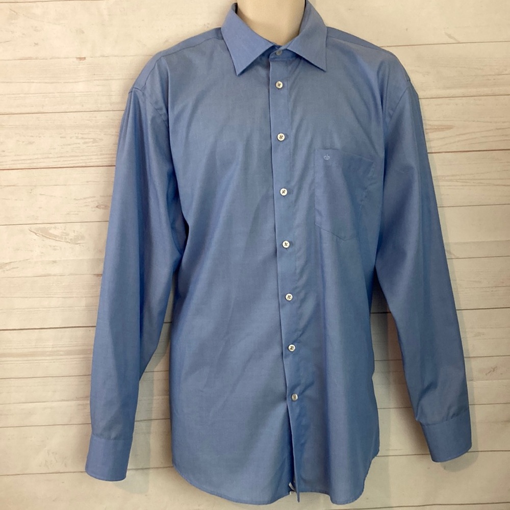 Seidensticker Size 44 17 1/2” Medium Blue Button Front Cotton Dress Shirt